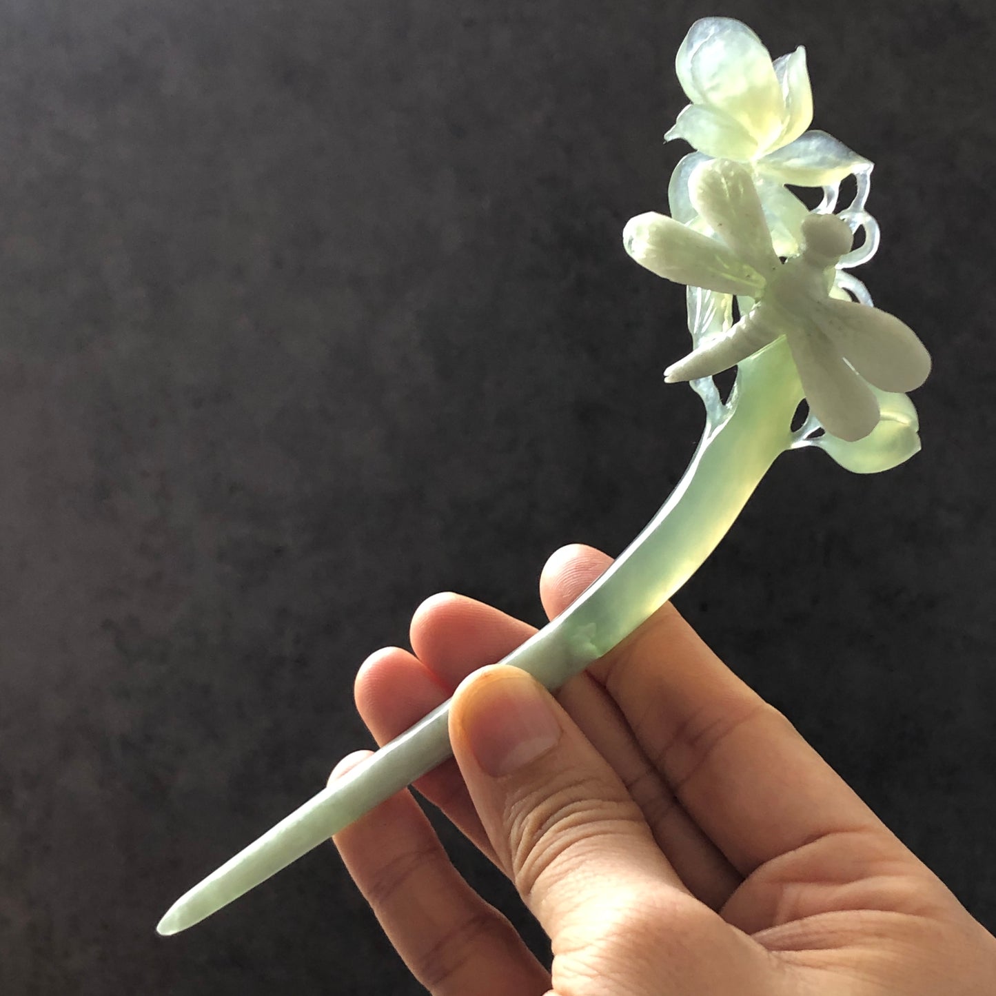 Certified Natural Xiu Jade Hand Carved Hair Pin | Dragonfly on Flower | Green & White