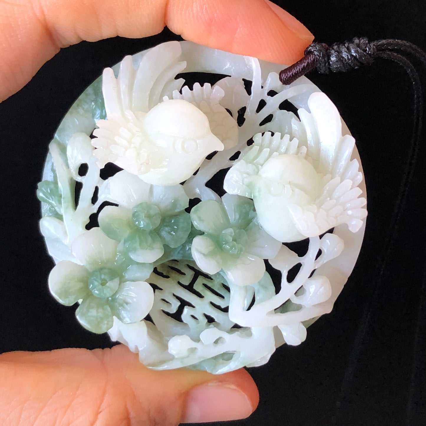 Certified Xiu Jade Hand Carved Magpie Birds Flower Pendant Adjustable Necklace choker | double happiness “囍” | Green & White Jade