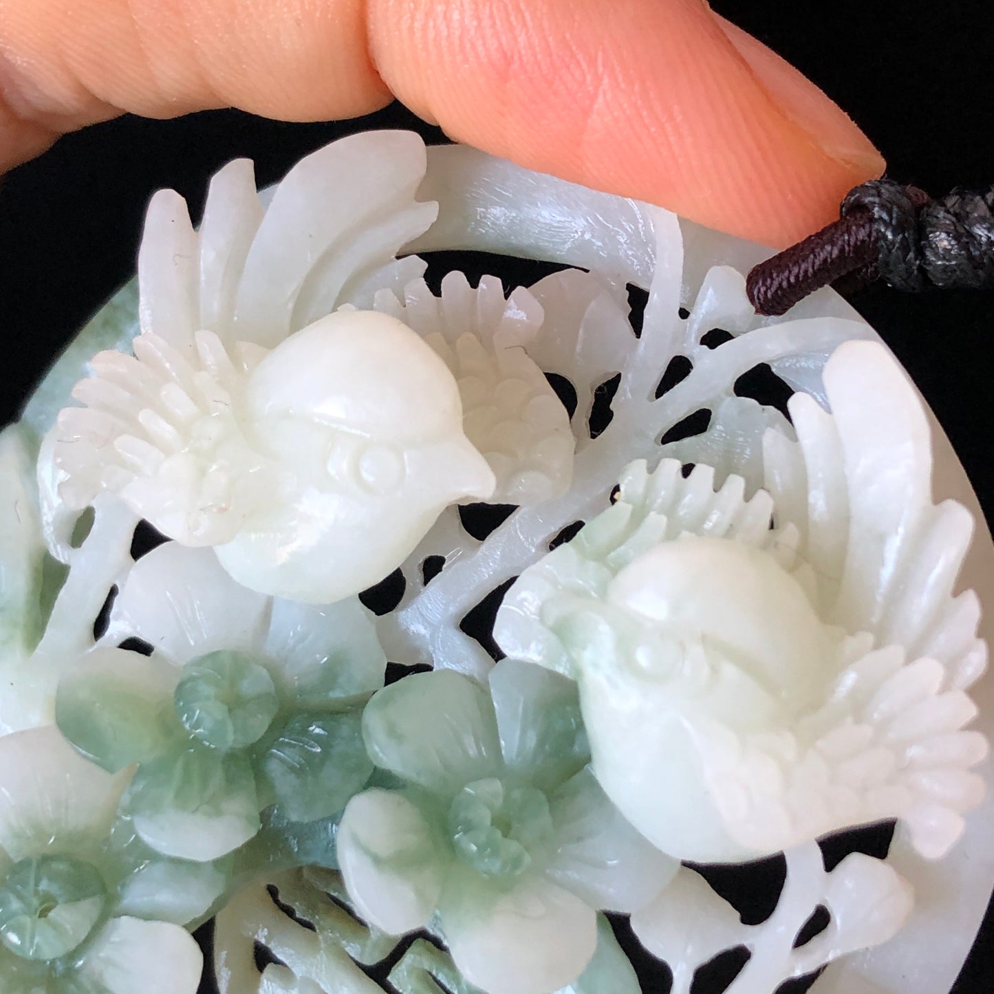 Certified Xiu Jade Hand Carved Magpie Birds Flower Pendant Adjustable Necklace choker | double happiness “囍” | Green & White Jade