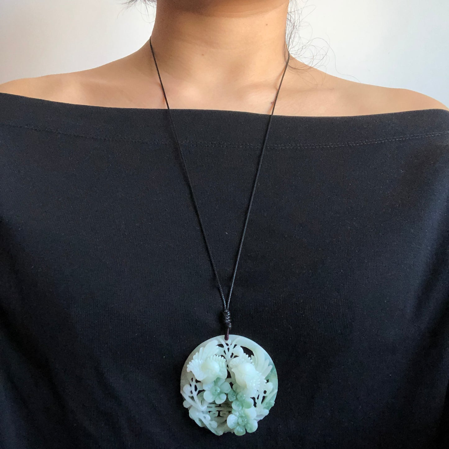 Certified Xiu Jade Hand Carved Magpie Birds Flower Pendant Adjustable Necklace choker | double happiness “囍” | Green & White Jade