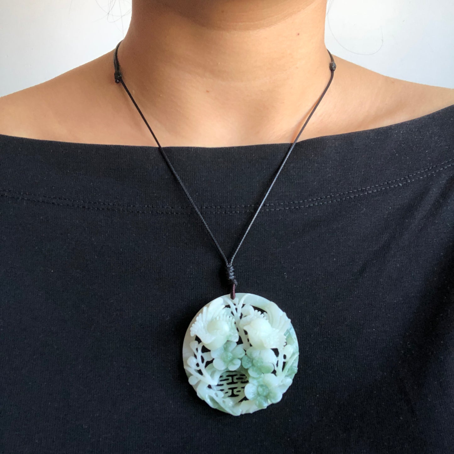 Certified Xiu Jade Hand Carved Magpie Birds Flower Pendant Adjustable Necklace choker | double happiness “囍” | Green & White Jade