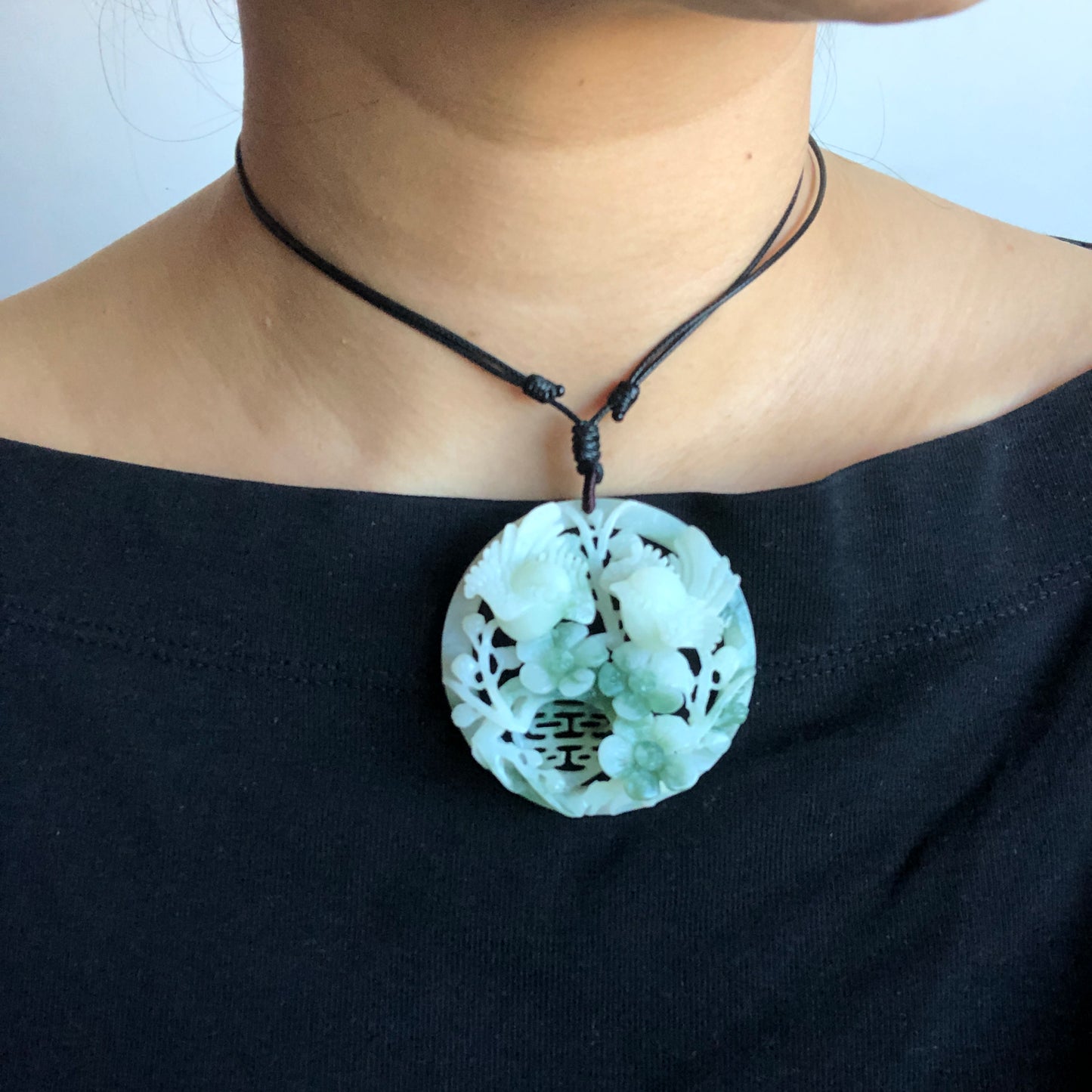 Certified Xiu Jade Hand Carved Magpie Birds Flower Pendant Adjustable Necklace choker | double happiness “囍” | Green & White Jade