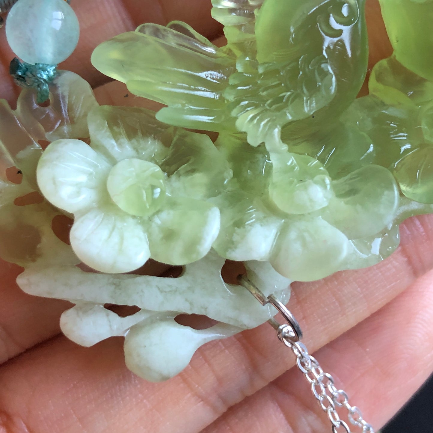 Certified Natural Xiu Jade Hand Carved Magpie Birds Flower Pendant Adjustable Necklace | Green & White jade