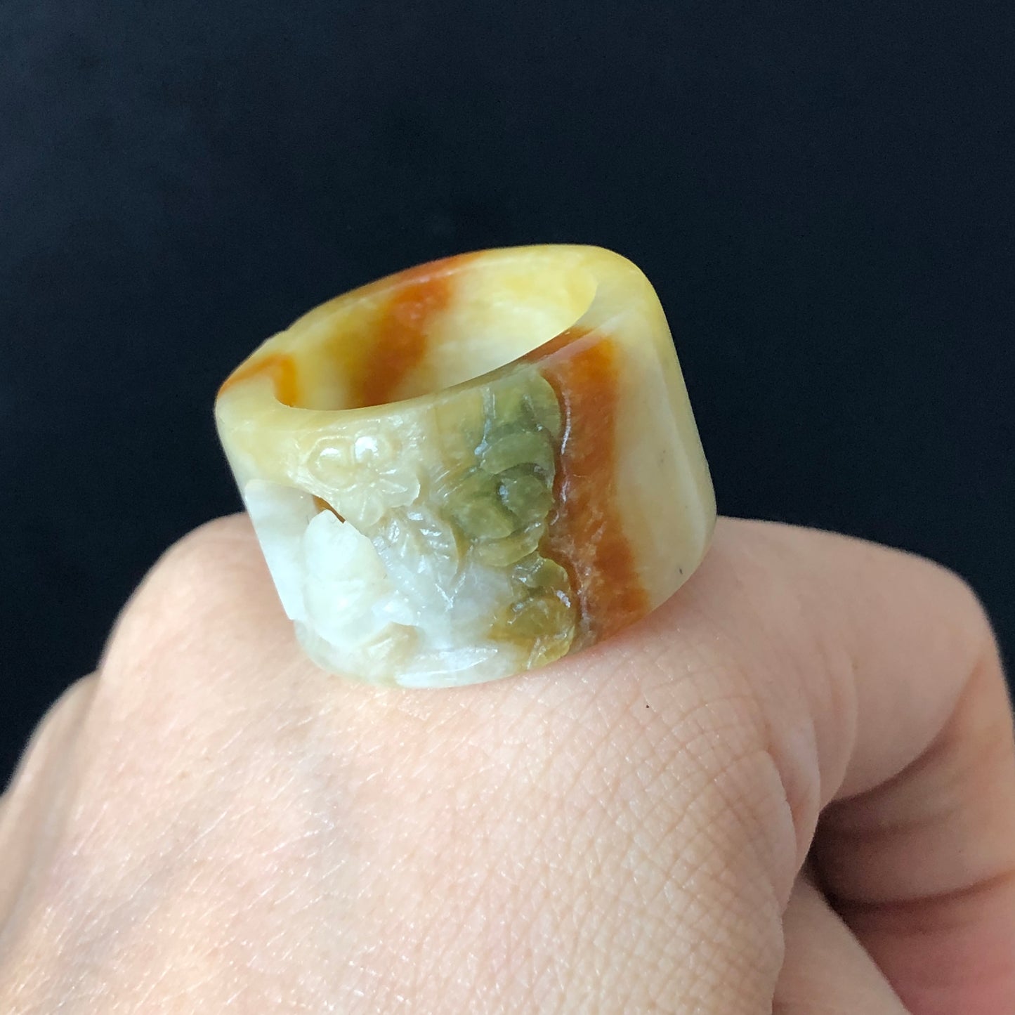 Natural Xiu Jade Hand Carved Kitten Cat Flowers Ring | 17.8mm(US 7.5) | Hollow Out Style