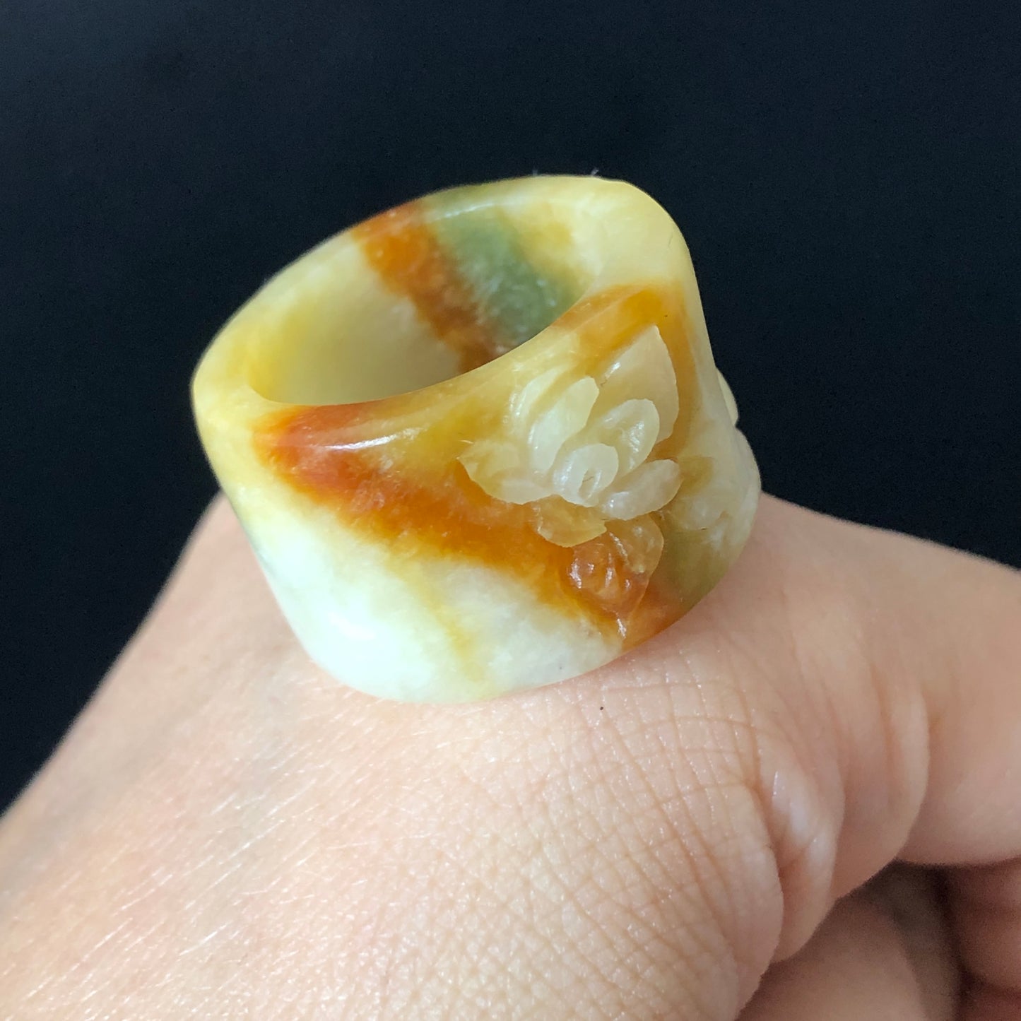 Natural Xiu Jade Hand Carved Kitten Cat Flowers Ring | 17.8mm(US 7.5) | Hollow Out Style