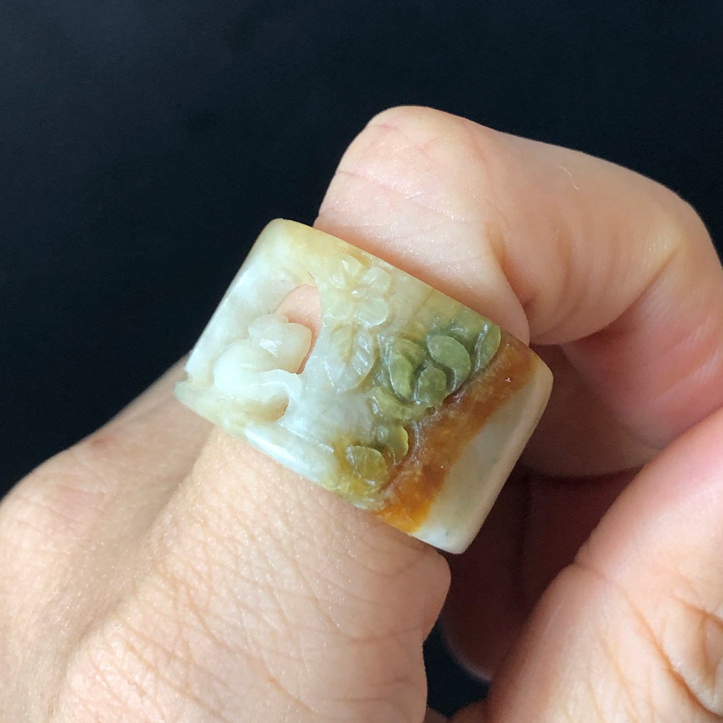 Natural Xiu Jade Hand Carved Kitten Cat Flowers Ring | 17.8mm(US 7.5) | Hollow Out Style