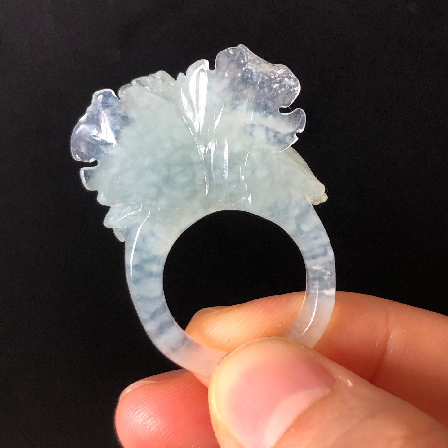 Natural Xiu Jade Hand Carved Flower Iris Ring | Icy Translucent Blue | 17.6mm (US 7.5-8)