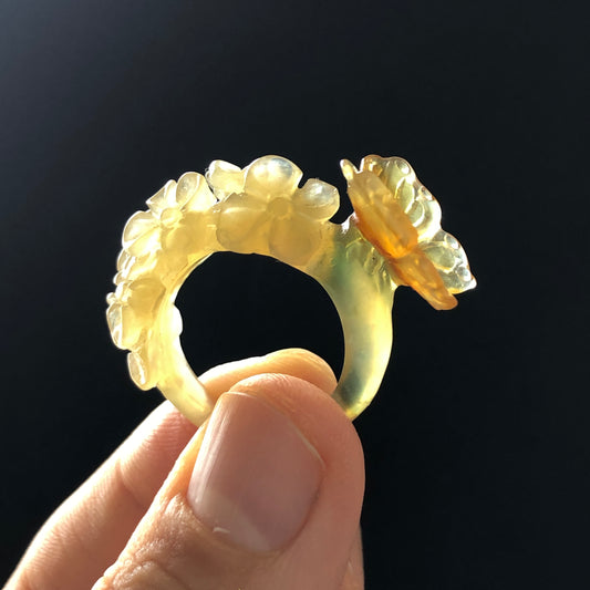 Natural Xiu Jade Hand Craved Flower with Butterfly Ring | 17.1mm (US 7) | Yellow, Caramel & Green Jade