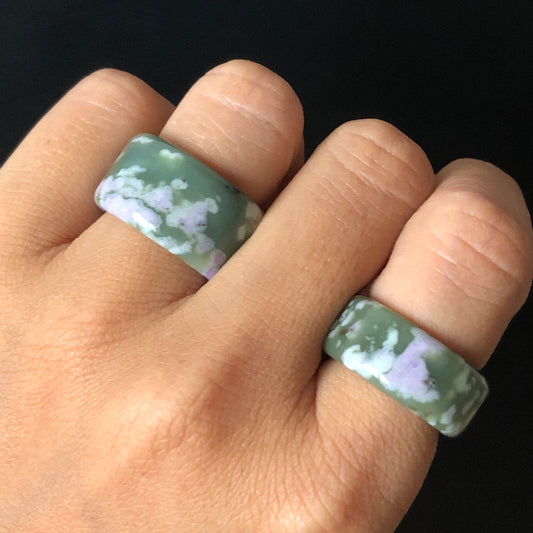 Natural Hetian Jade (Nephrite) Band Ring US 6.5  | Untreated Green Jade with White & Purple Flower Pattern | Wisteria Flowers