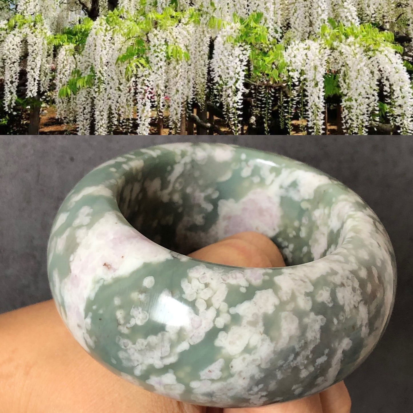 56mm Natural Hetian Jade (Nephrite) Bangle | Green Jade with White & Purple Flower Pattern | Wisteria Flowers