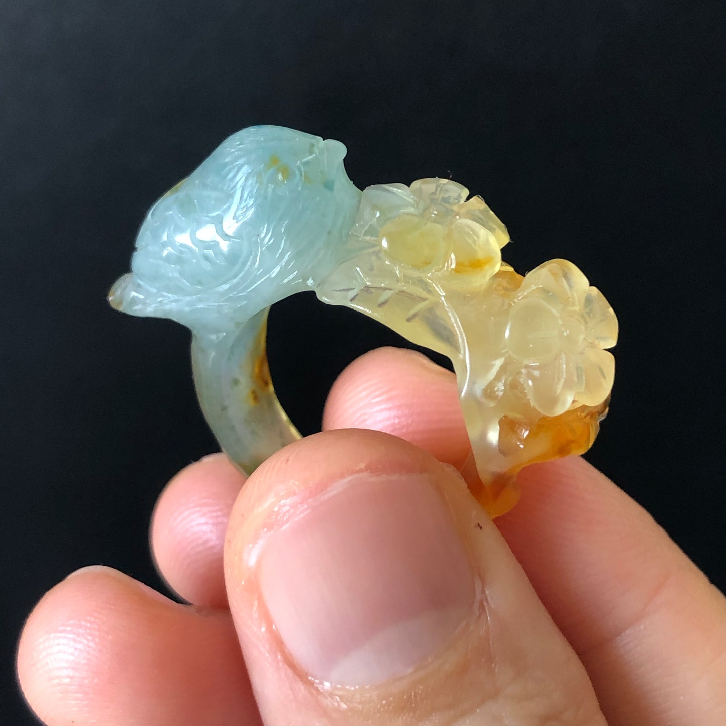 Natural Xiu Jade Hand Carved Bird and Flower Ring | 16.3mm (US 5.5-6) | Multi-colour