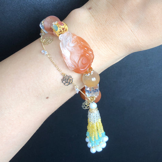 Multicolour Rutilated Quartz Carved Nine-tailed Fox Charm Bracelet with Clear Quartz | Removable Crystal Tassel