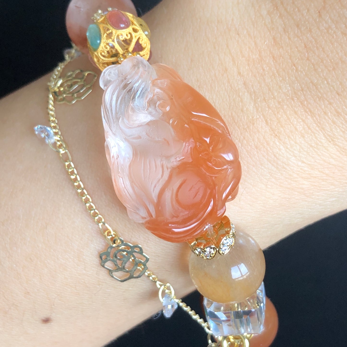 Multicolour Rutilated Quartz Carved Nine-tailed Fox Charm Bracelet with Clear Quartz | Removable Crystal Tassel