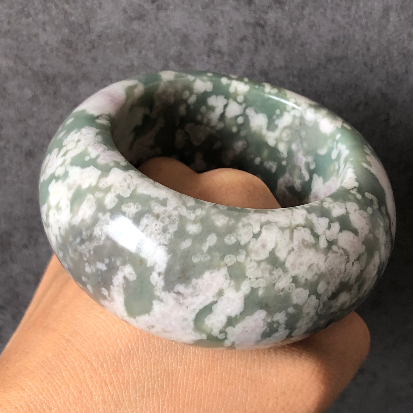 56mm Natural Hetian Jade (Nephrite) Bangle | Green Jade with White & Purple Flower Pattern | Wisteria Flowers