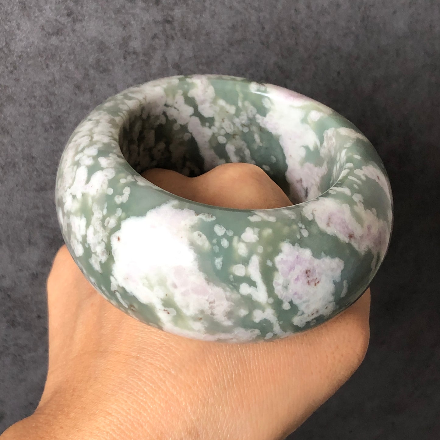 56mm Natural Hetian Jade (Nephrite) Bangle | Green Jade with White & Purple Flower Pattern | Wisteria Flowers