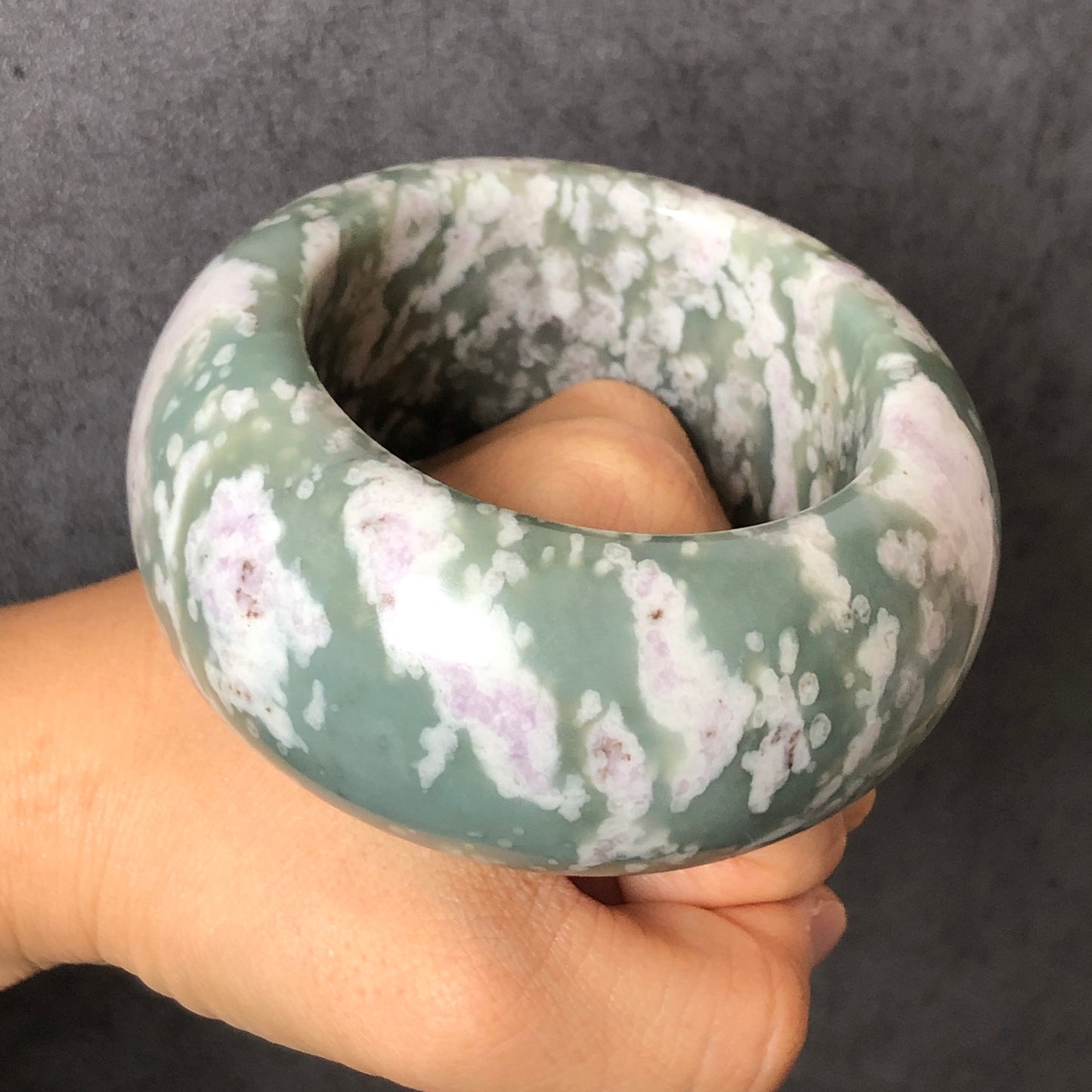 56mm Natural Hetian Jade (Nephrite) Bangle | Green Jade with White & Purple Flower Pattern | Wisteria Flowers