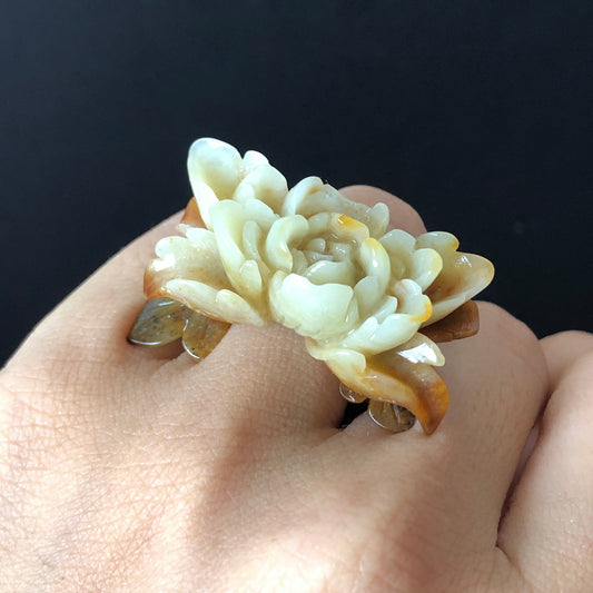 Natural Xiu Jade Hand Carved Peony Flower Ring | Multicolour Green, White, Brown | 16mm (US 5.5-6)