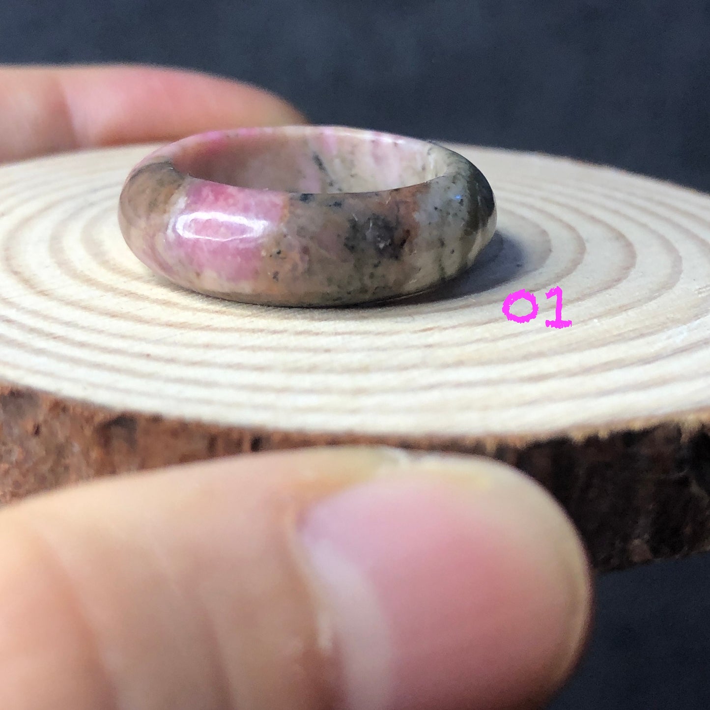 Natural High Quality Pink Rhodonite Ring | 16-17mm | Tiny bangle around finger