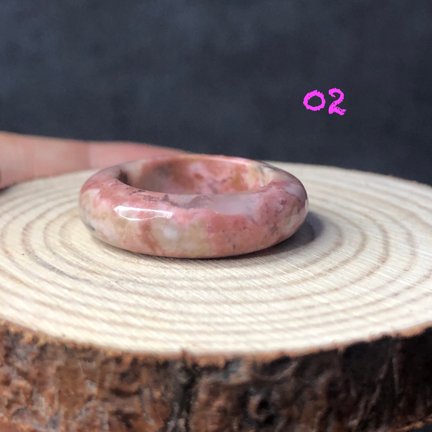 Natural High Quality Pink Rhodonite Ring | 16-17mm | Tiny bangle around finger