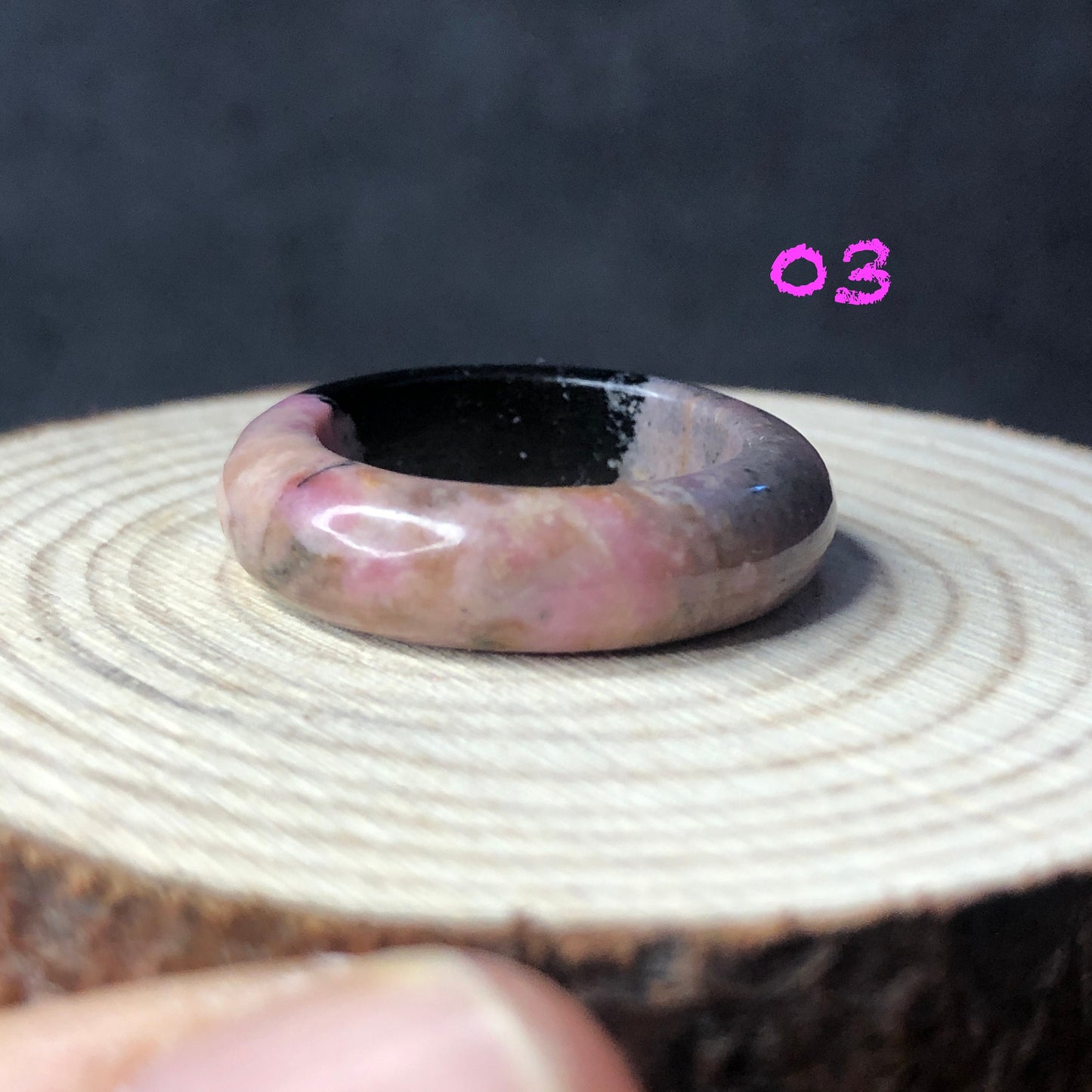 Natural High Quality Pink Rhodonite Ring | 16-17mm | Tiny bangle around finger