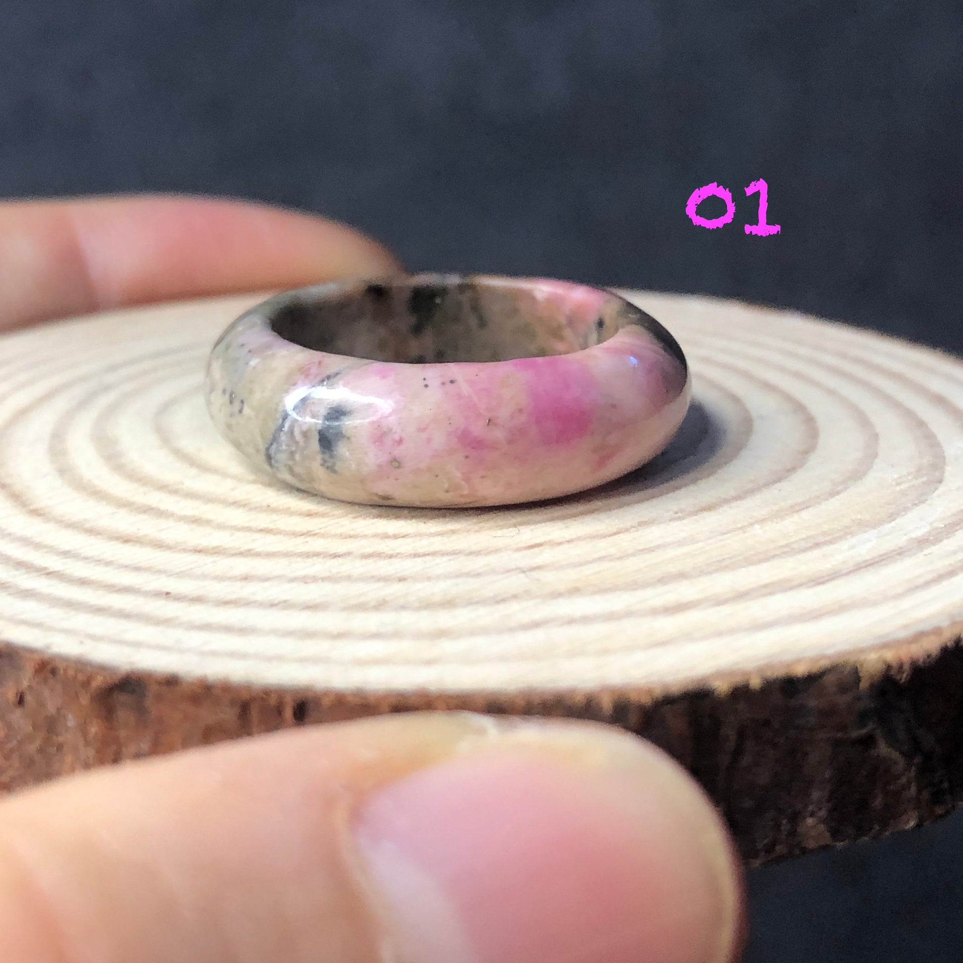 Natural High Quality Pink Rhodonite Ring | 16-17mm | Tiny bangle around finger