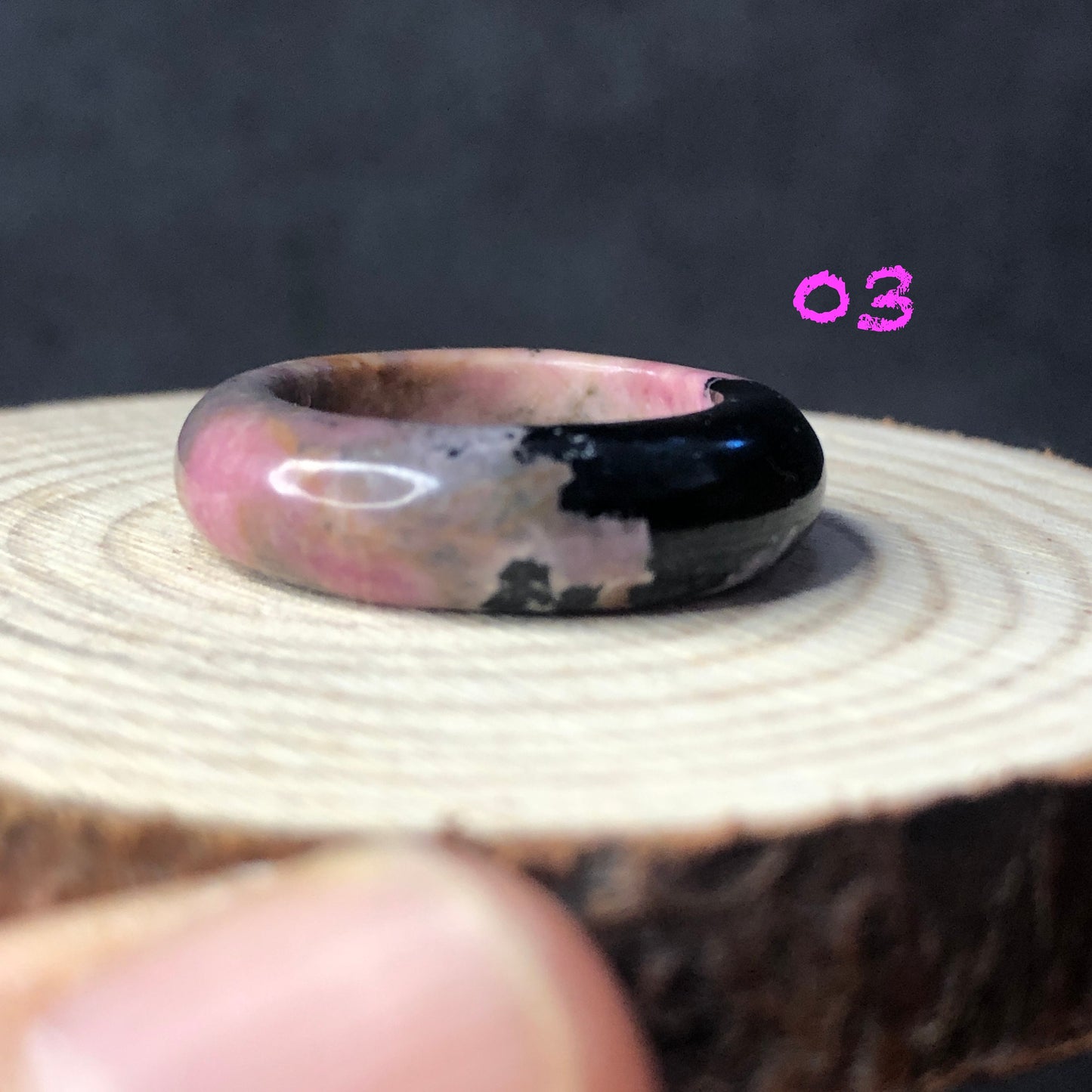 Natural High Quality Pink Rhodonite Ring | 16-17mm | Tiny bangle around finger