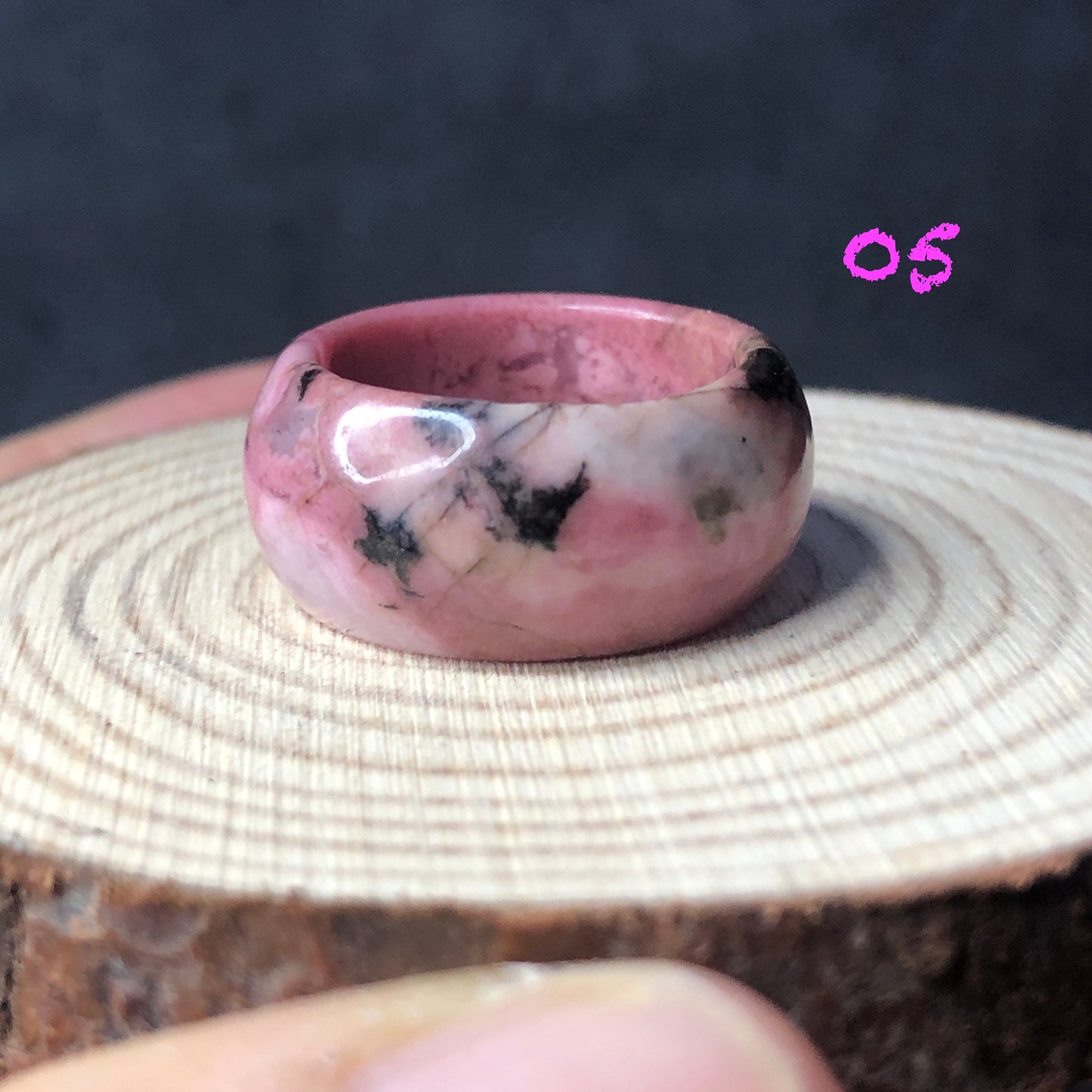 Natural High Quality Pink Rhodonite Ring | 16-17mm | Tiny bangle around finger