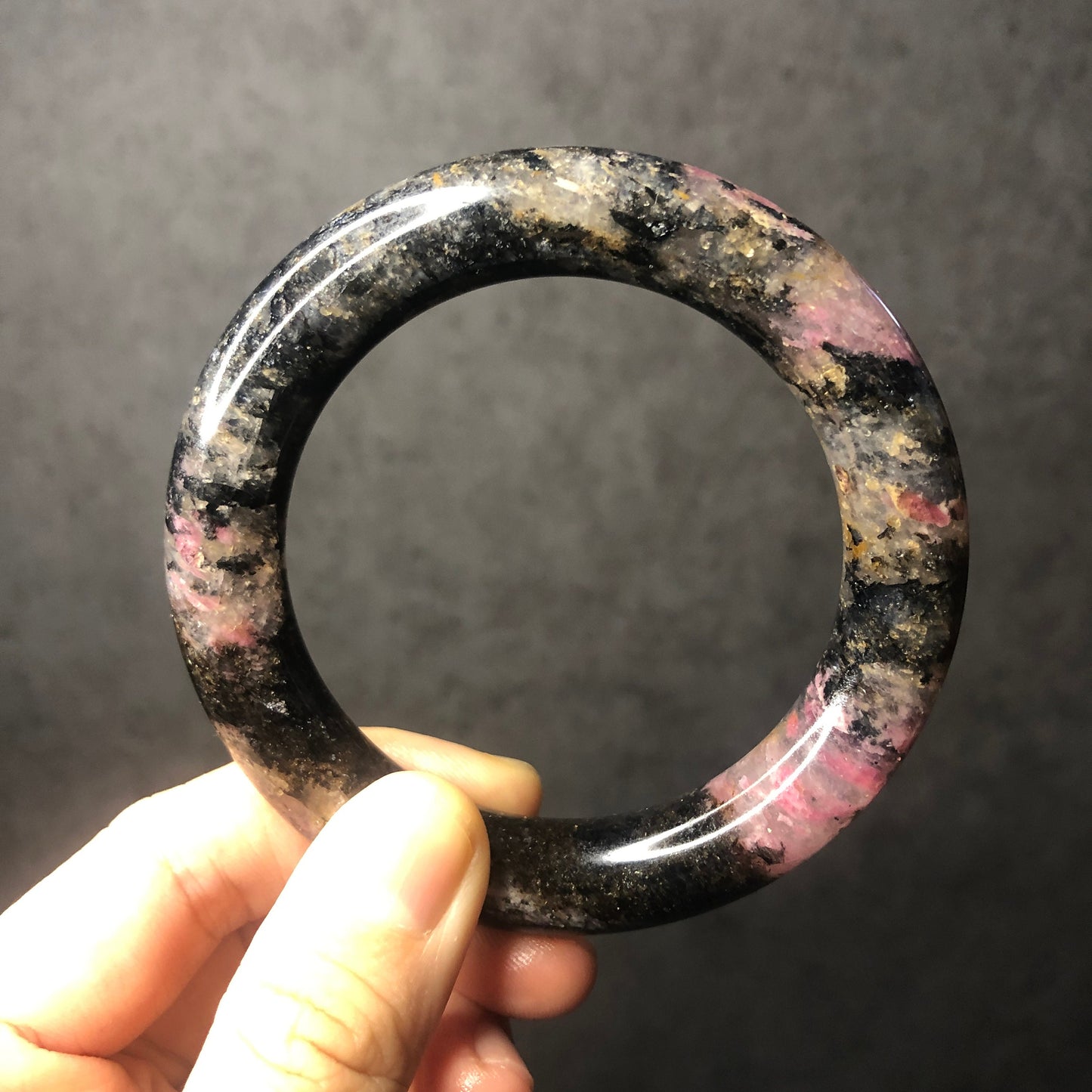 56.6mm Rhodonite Bangle | Night Sakura Rain | Sparky Black & Gold Stone Bangle Crystal Bracelet | Healing Gemstone Jewelry Gift for her