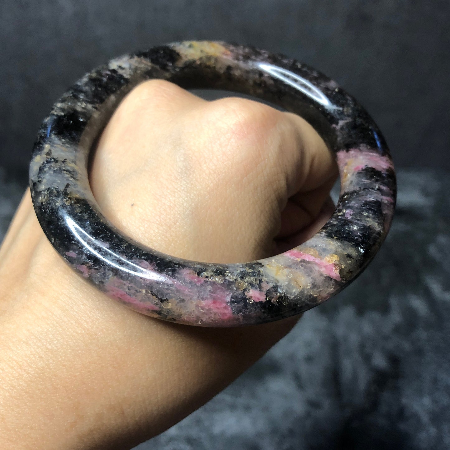 56.6mm Rhodonite Bangle | Night Sakura Rain | Sparky Black & Gold Stone Bangle Crystal Bracelet | Healing Gemstone Jewelry Gift for her