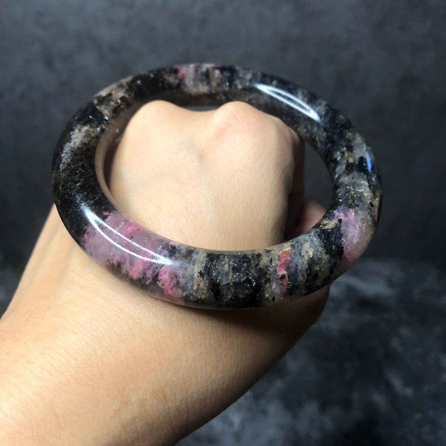 56.6mm Rhodonite Bangle | Night Sakura Rain | Sparky Black & Gold Stone Bangle Crystal Bracelet | Healing Gemstone Jewelry Gift for her