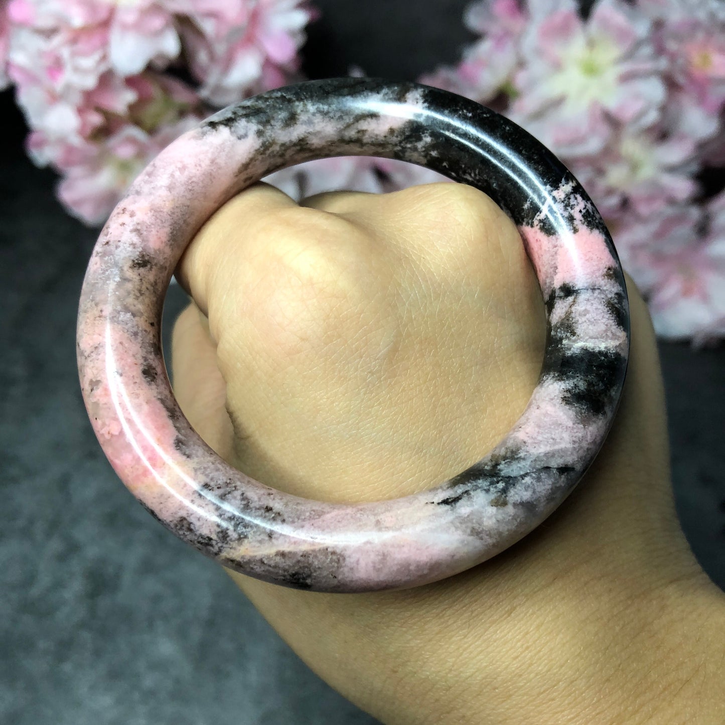 52.3mm Rhodonite Bangle in dusty pink | Pink Desert | Pink Granules and Splashing Ink | Romantic and Fierce | Stone Bangle | Crystal Bangle