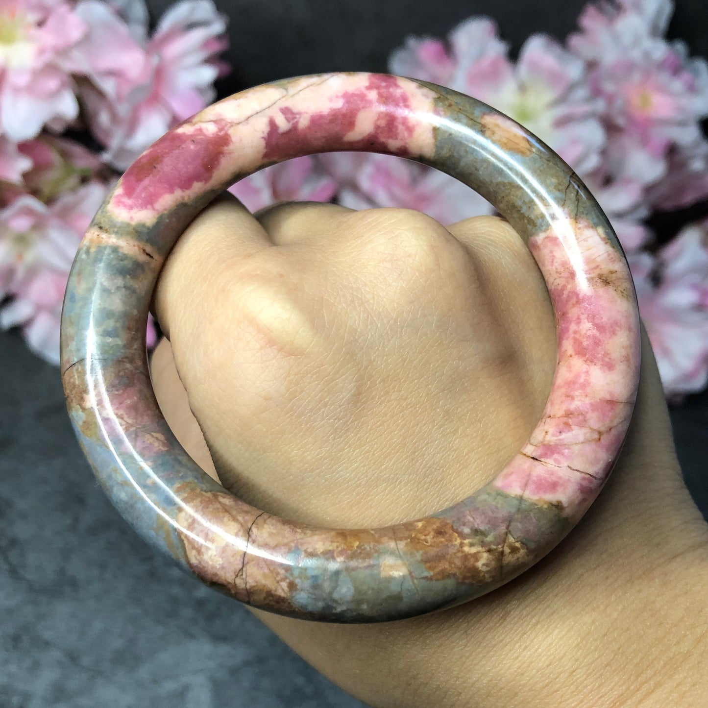 57.2mm Premium Rhodonite Bangle with Vintage Blue | Old Memory | Porcelain Blue and Rosy Pink | Stone Crystal Bangle | Healing Stone Gift