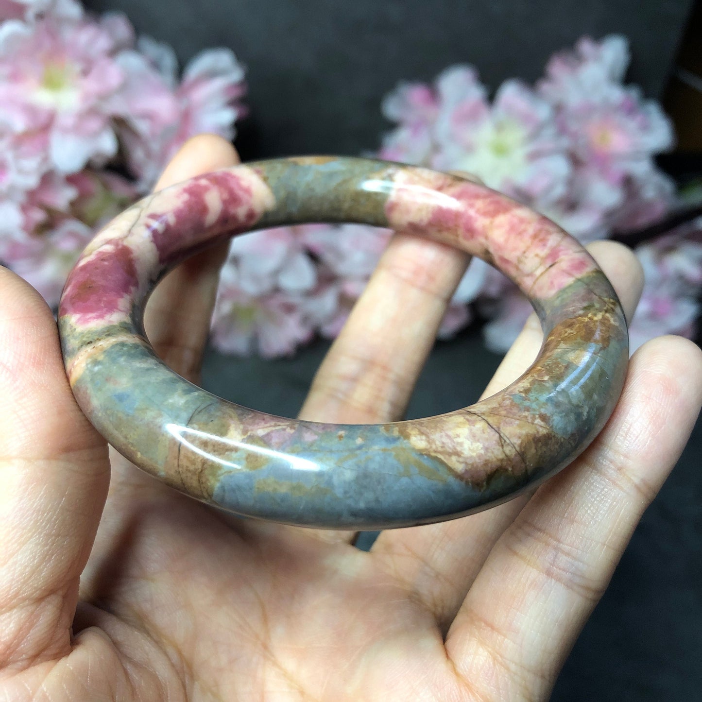 57.2mm Premium Rhodonite Bangle with Vintage Blue | Old Memory | Porcelain Blue and Rosy Pink | Stone Crystal Bangle | Healing Stone Gift