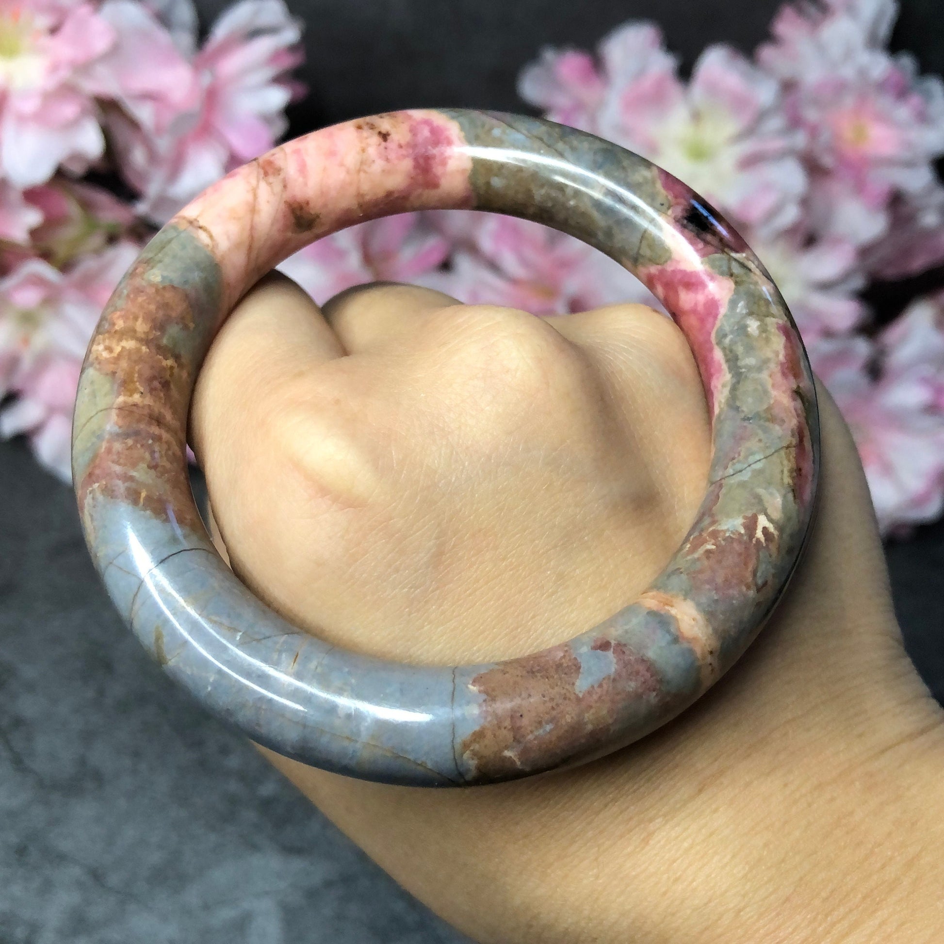 57.2mm Premium Rhodonite Bangle with Vintage Blue | Old Memory | Porcelain Blue and Rosy Pink | Stone Crystal Bangle | Healing Stone Gift