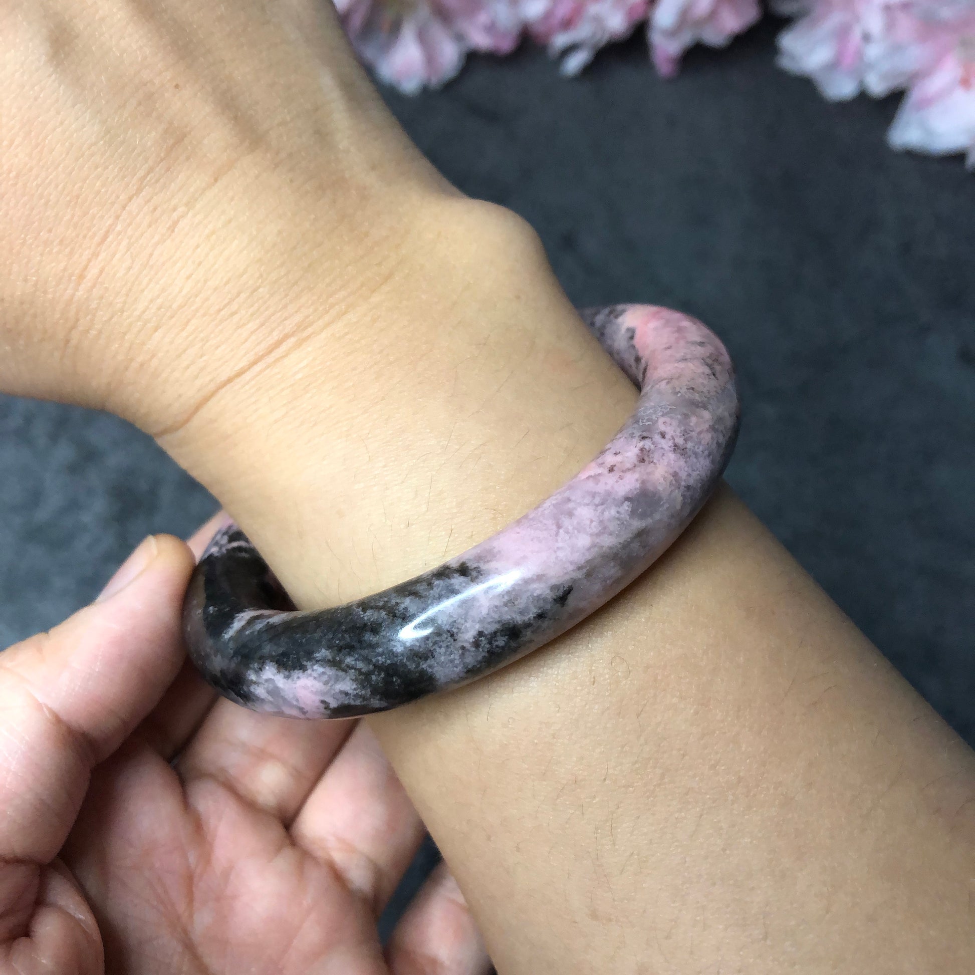 52.3mm Rhodonite Bangle in dusty pink | Pink Desert | Pink Granules and Splashing Ink | Romantic and Fierce | Stone Bangle | Crystal Bangle