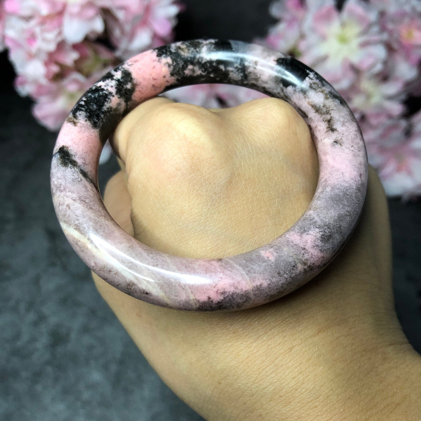 52.3mm Rhodonite Bangle in dusty pink | Pink Desert | Pink Granules and Splashing Ink | Romantic and Fierce | Stone Bangle | Crystal Bangle