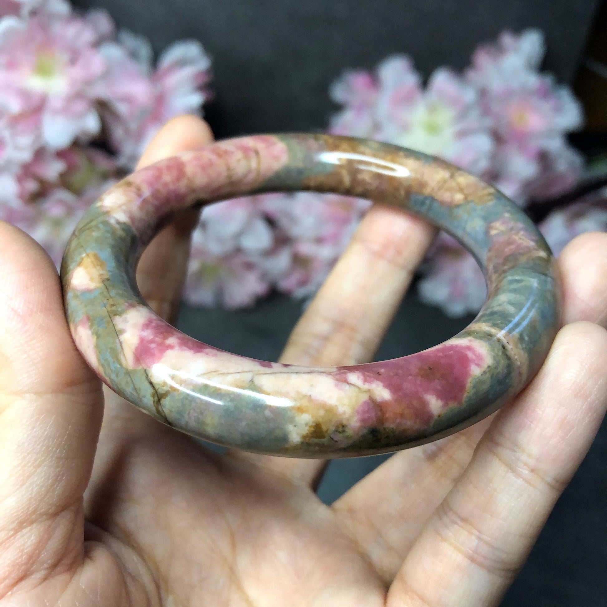 57.2mm Premium Rhodonite Bangle with Vintage Blue | Old Memory | Porcelain Blue and Rosy Pink | Stone Crystal Bangle | Healing Stone Gift