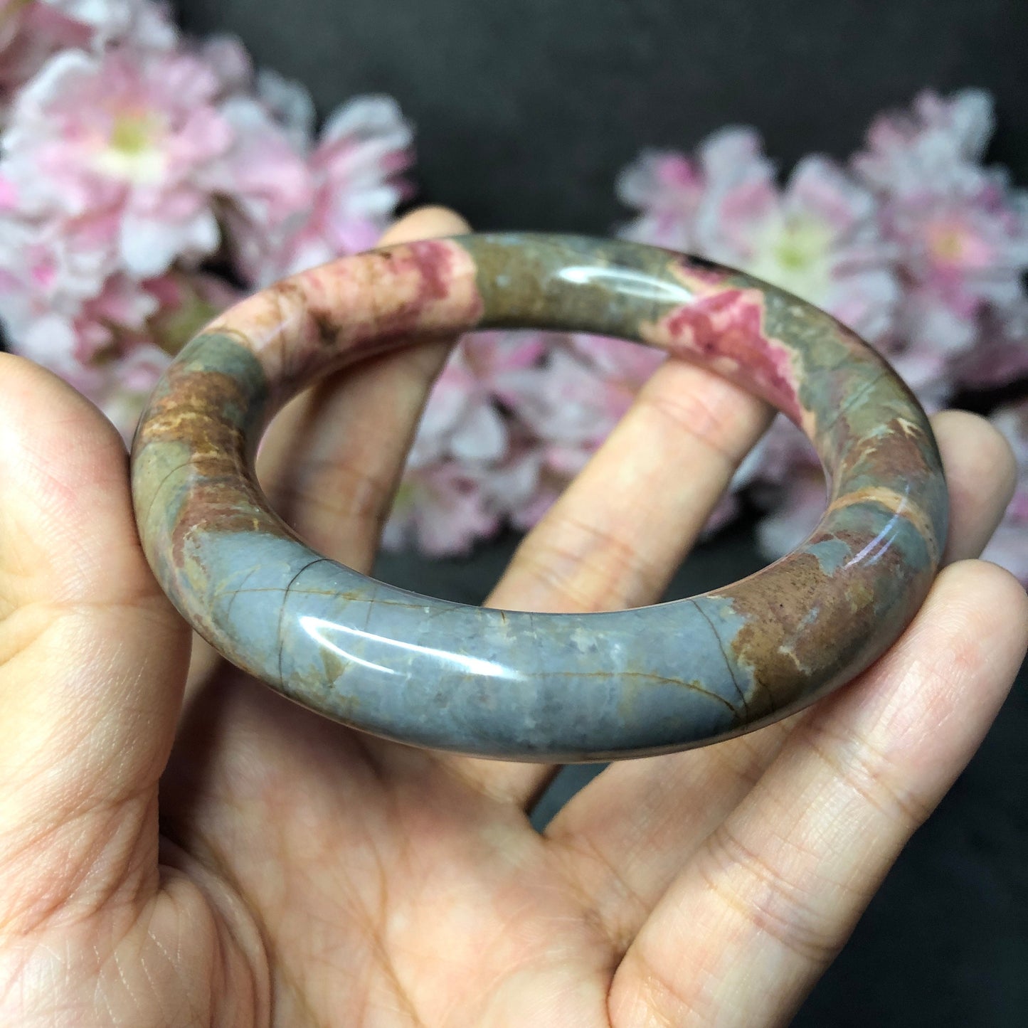 57.2mm Premium Rhodonite Bangle with Vintage Blue | Old Memory | Porcelain Blue and Rosy Pink | Stone Crystal Bangle | Healing Stone Gift