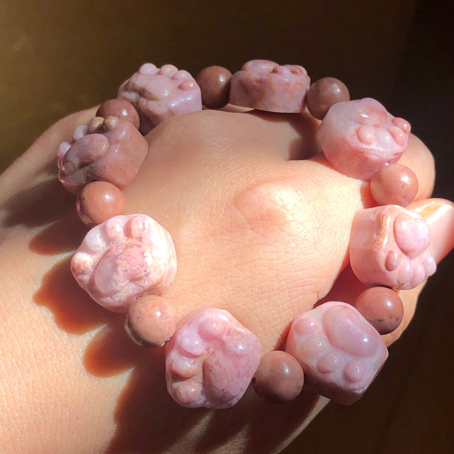 Natural Rhodonite Stone Crystal Bracelet | Cat Paws bead bracelet | Caramel Pink | Raw Stone Bracelet Gemstone Jewelry | Healing Stone Gift