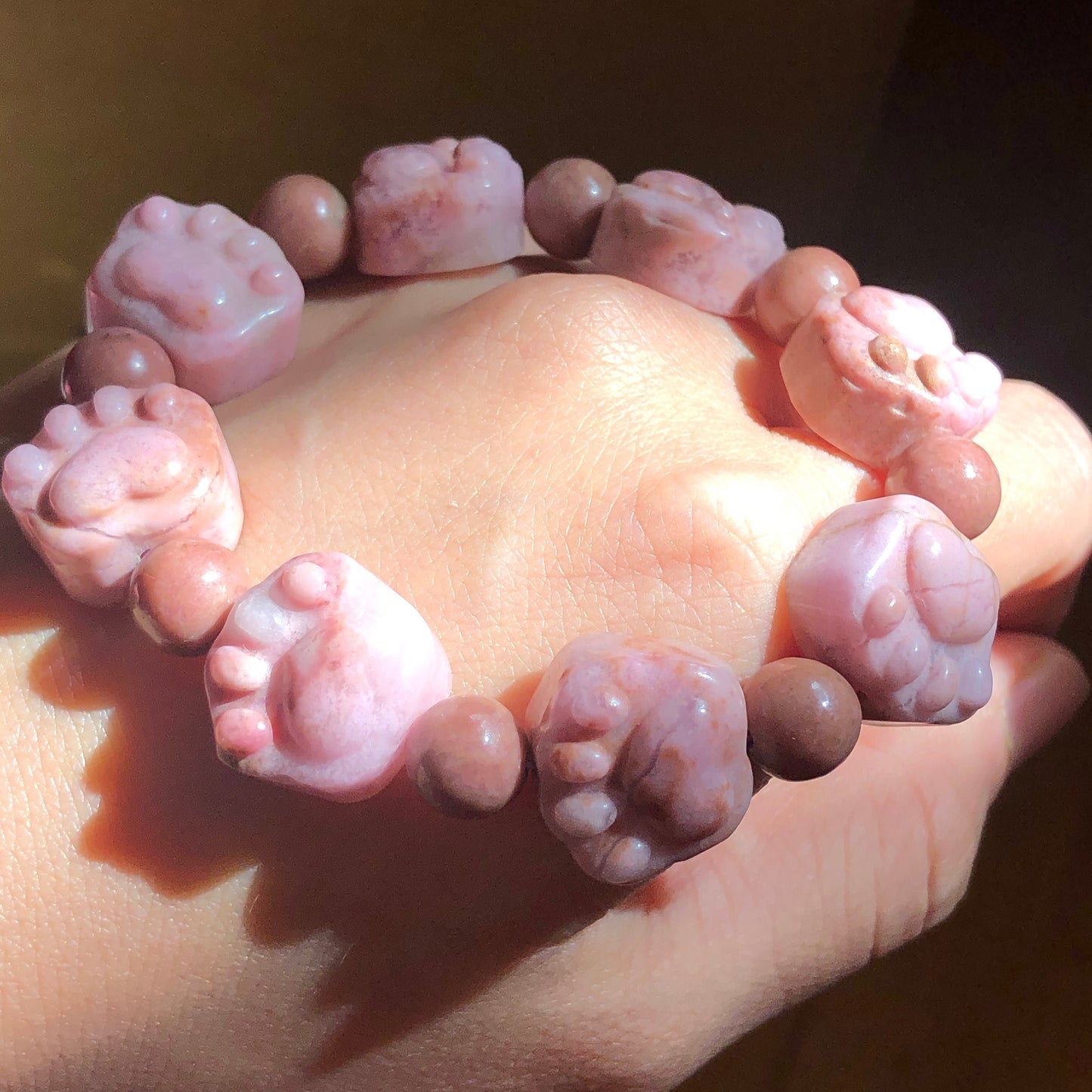 Natural Rhodonite Stone Crystal Bracelet | Cat Paws bead bracelet | Caramel Pink | Raw Stone Bracelet Gemstone Jewelry | Healing Stone Gift