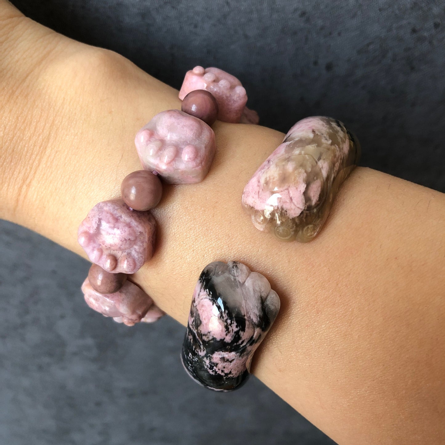 Natural Rhodonite Stone Crystal Bracelet | Cat Paws bead bracelet | Caramel Pink | Raw Stone Bracelet Gemstone Jewelry | Healing Stone Gift