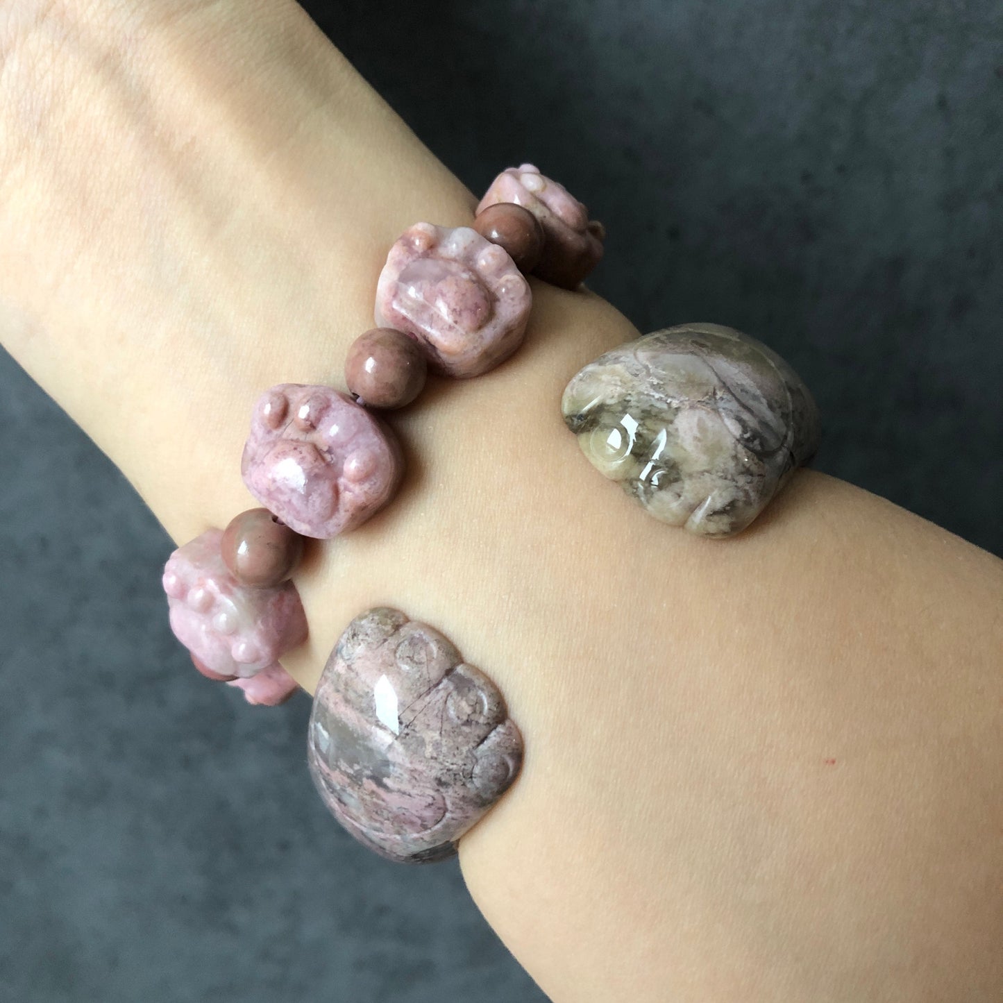 Natural Rhodonite Stone Crystal Bracelet | Cat Paws bead bracelet | Caramel Pink | Raw Stone Bracelet Gemstone Jewelry | Healing Stone Gift