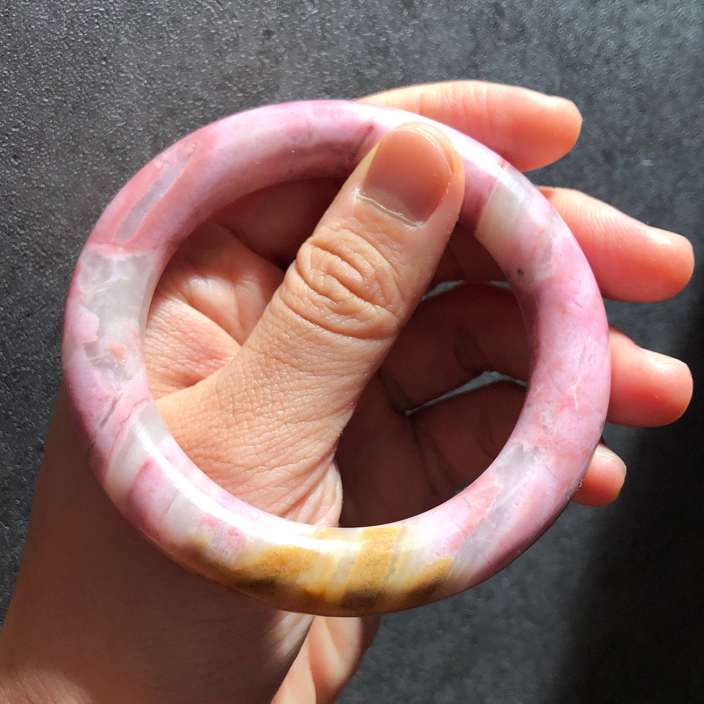 56.6mm Natural Rhodonite Stone Bangle Bracelet | Glim of light at dawn | Baby Pink Gold | White Pink Crystal Gemstone Bangle Healing Stone, raw stone bangle, pink stone bracelet, pink gemstone gift for her, vintage bangle, antique bangle, rhodonite