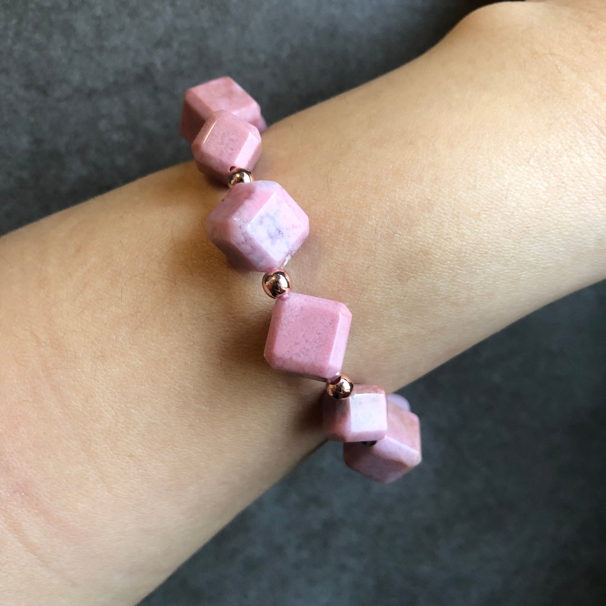 Natural Pink Rhodonite Crystal Bracelet | Cube Bead Stretch Bracelets | Baby Pink Raw Stone Bracelet | Rhodonite Jewelry | Healing Stone