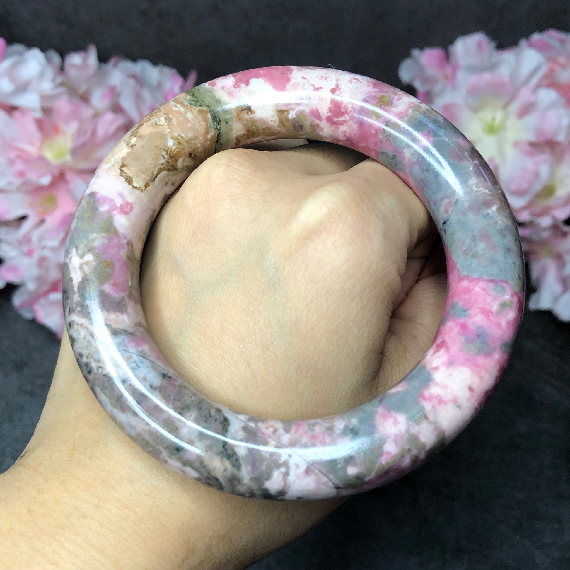 58mm Premium Natural Rhodonite Stone Bangle Bracelet | The Splash! | Porcelain Blue, Pink, Grey | Crystal Gemstone Rock Bangle Gift for her, healing stone bangle, love stone, rhodonite jewelry, pink stone bangle, edgy moredern bangle for women