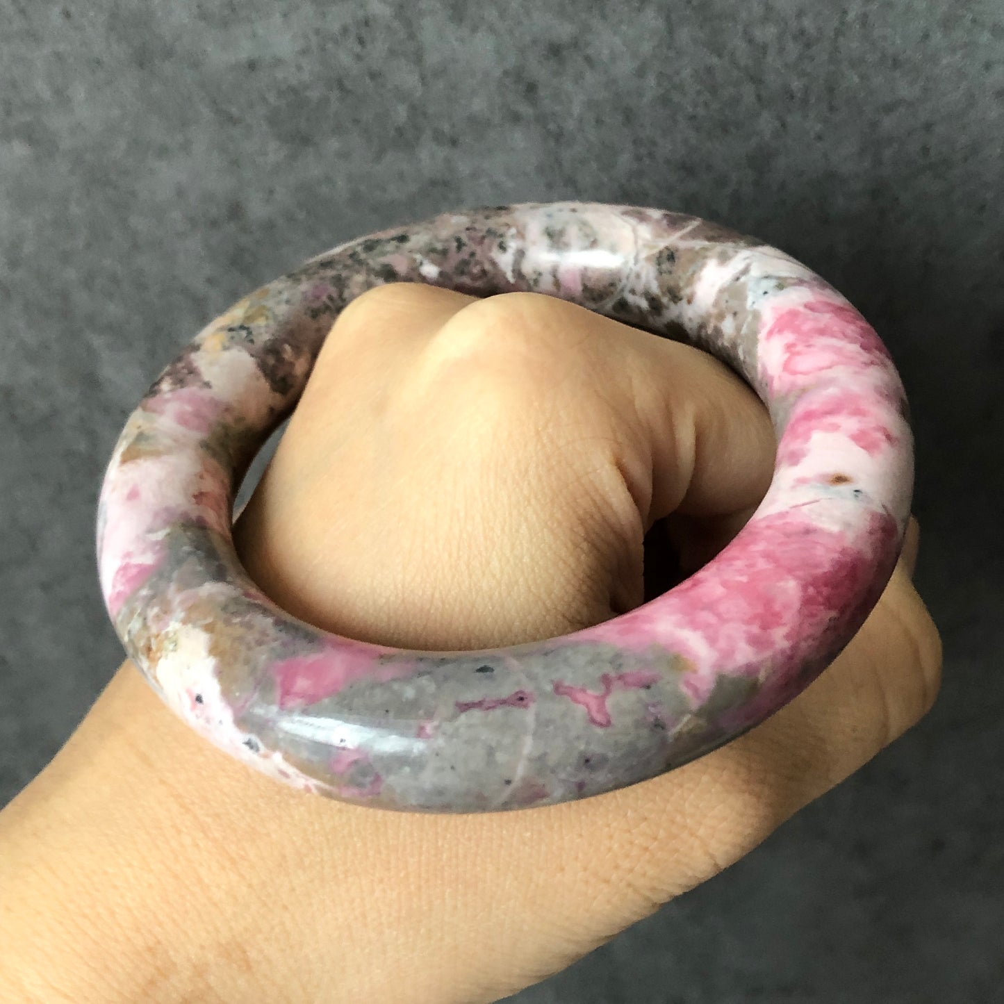 58mm Premium Natural Rhodonite Stone Bangle Bracelet | The Splash! | Porcelain Blue, Pink, Grey | Crystal Gemstone Rock Bangle Gift for her, healing stone bangle, love stone, rhodonite jewelry, pink stone bangle, edgy moredern bangle for women