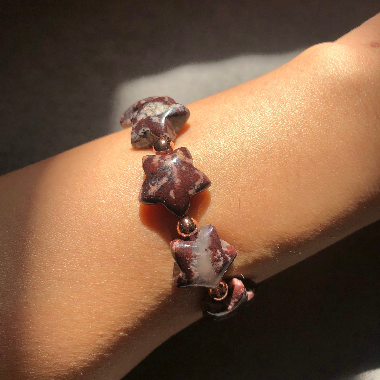 Natural Star-shaped Rhodonite Stone Crystal Bracelet | Black Brown Pink Leopard Print | Rock Star Bracelet | Vintage Style Healing Stone