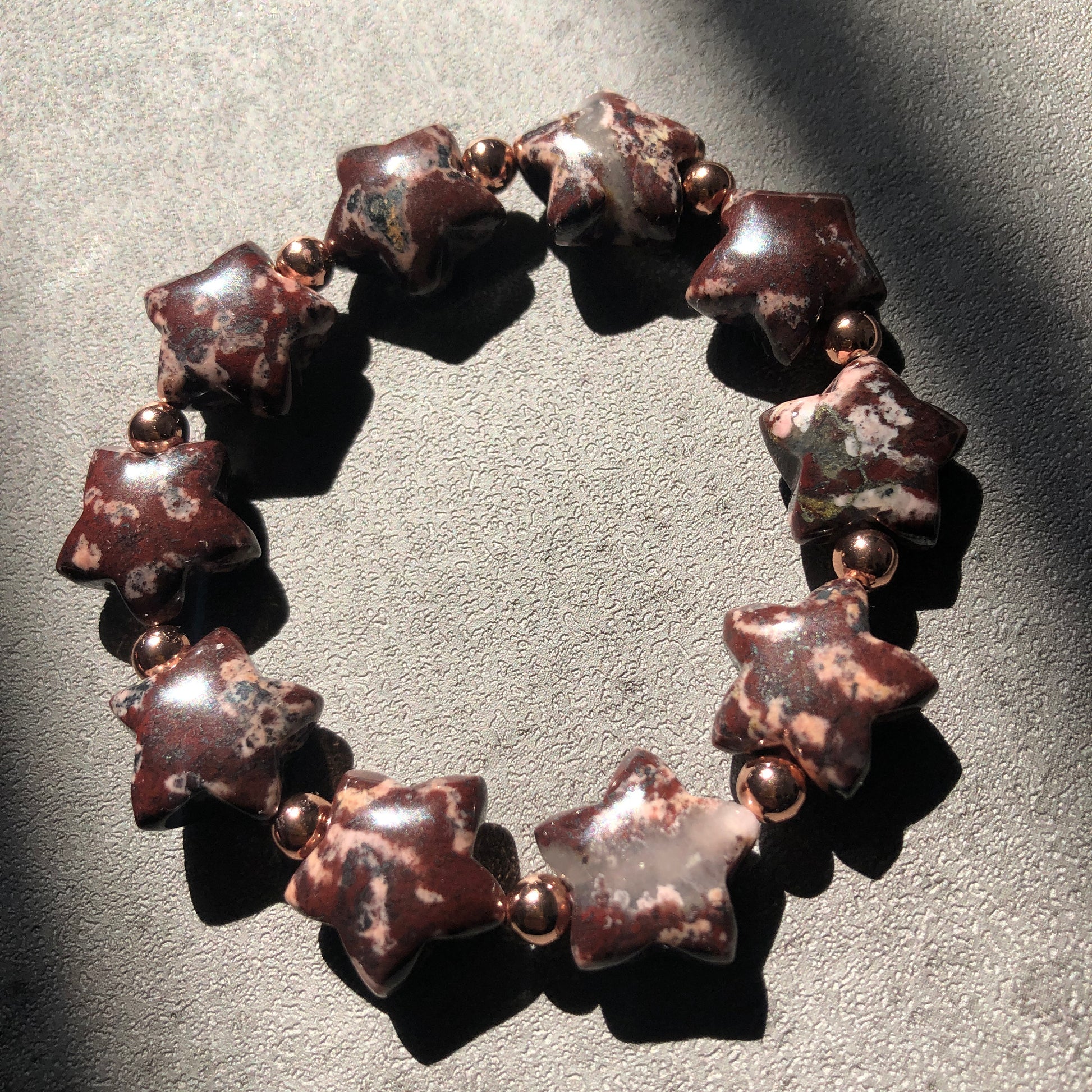 Natural Star-shaped Rhodonite Stone Crystal Bracelet | Black Brown Pink Leopard Print | Rock Star Bracelet | Vintage Style Healing Stone