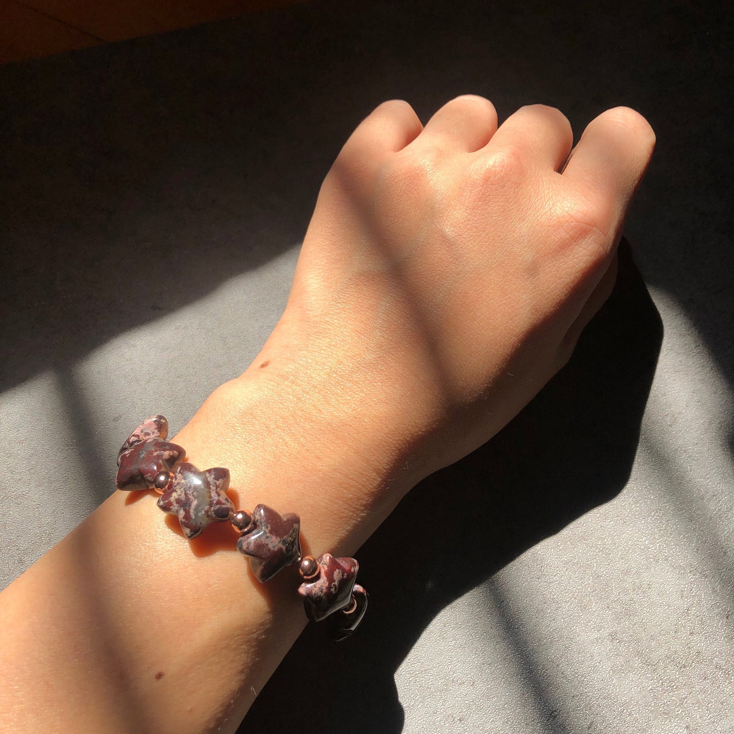 Natural Star-shaped Rhodonite Stone Crystal Bracelet | Black Brown Pink Leopard Print | Rock Star Bracelet | Vintage Style Healing Stone