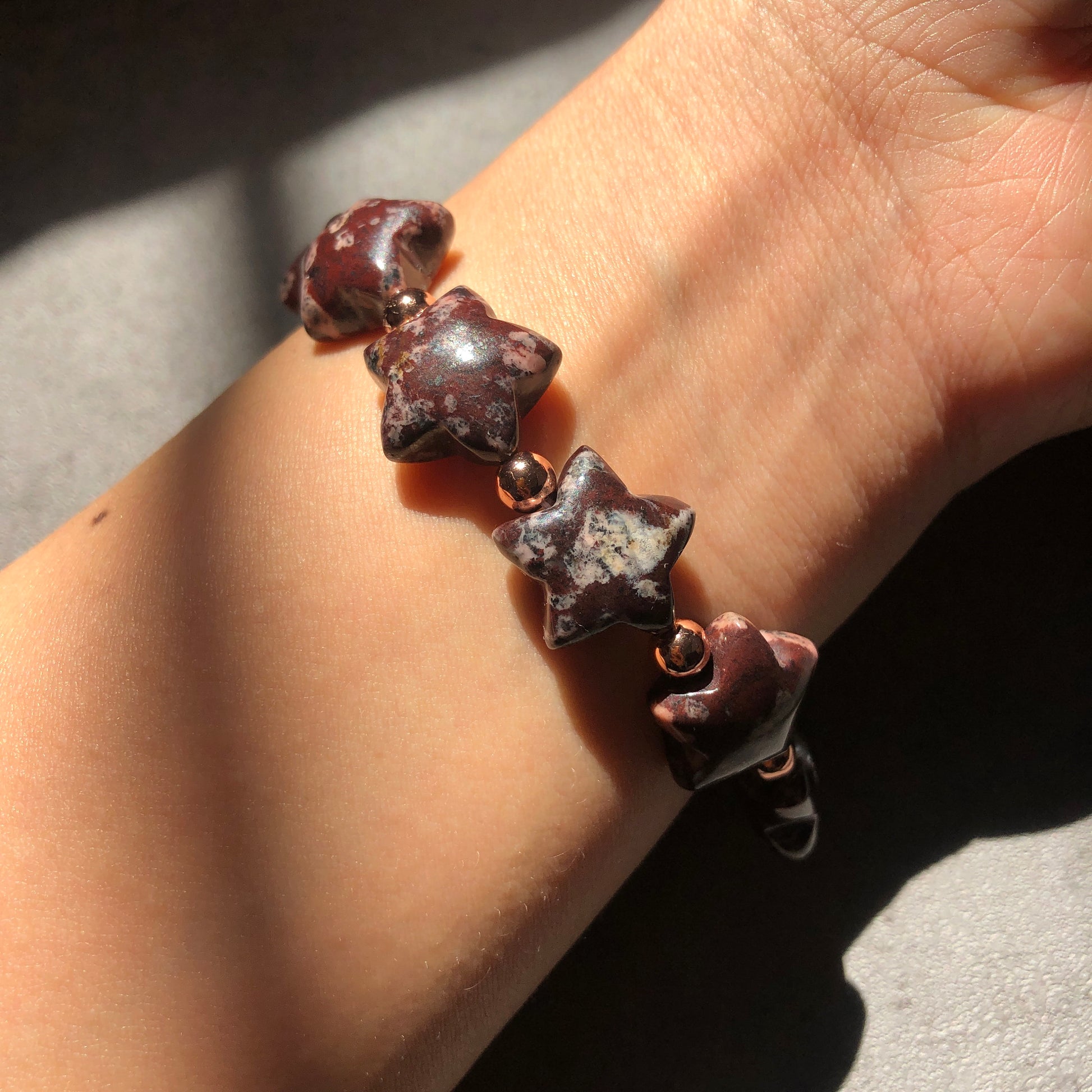 Natural Star-shaped Rhodonite Stone Crystal Bracelet | Black Brown Pink Leopard Print | Rock Star Bracelet | Vintage Style Healing Stone